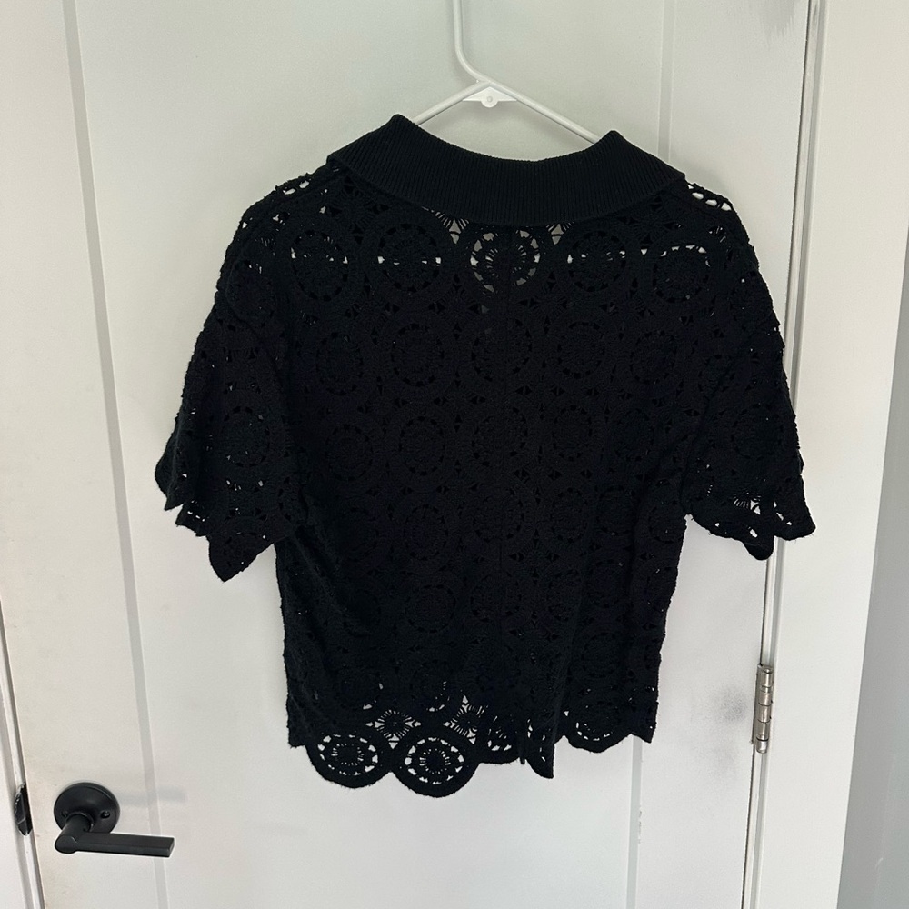Crochet-Style Mosaic Tile Polo Black Shirt Medium Abercrombie & Fitch - Picture 3 of 4